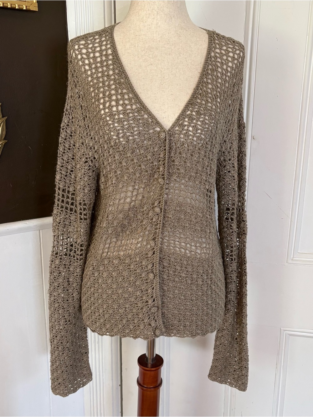 Babette Ballinger Open Knit Crochet Cardigan Ramie Blend Taupe Brown Women’s M